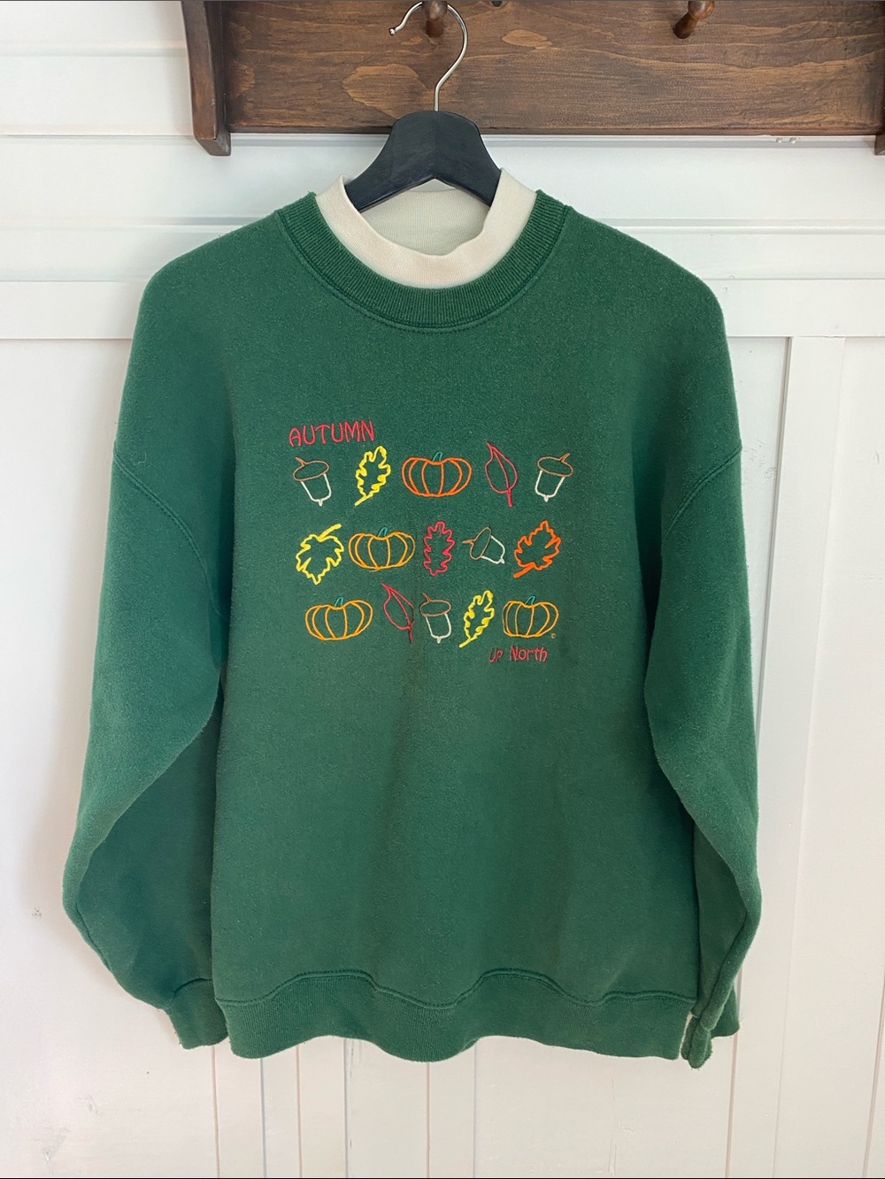 VTG Lee 90s Made In USA Granny Crewneck Embroidered Autumn Leaves Pumpkin Acorns
